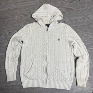 Ralph Lauren Cable Knit Hooded Sweater White Size XL Woman’s Full Zip Polo White
